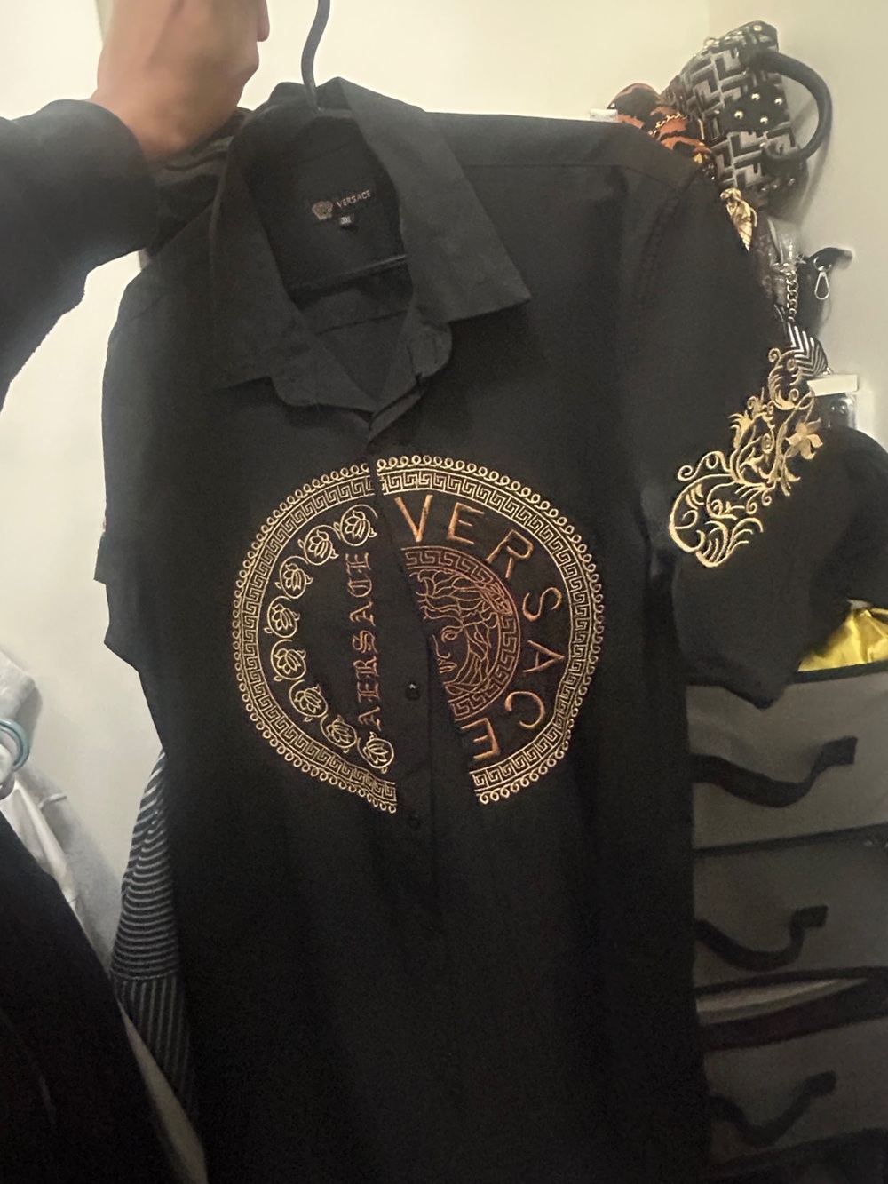 Versace Black Button-Down Shirt with Gold Medallion and Sleeve Embroidery